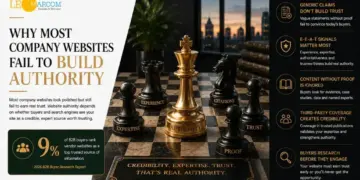 Infographic about building website authority: left headline 'Why most company websites fail to build authority' with key stat; central chessboard with authority-themed pieces; right column lists credibility factors like credibility, trust, proof, citations, and buyer research.