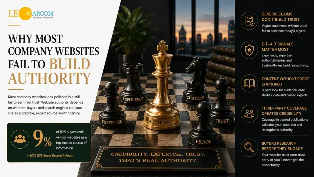 Infographic about building website authority: left headline 'Why most company websites fail to build authority' with key stat; central chessboard with authority-themed pieces; right column lists credibility factors like credibility, trust, proof, citations, and buyer research.
