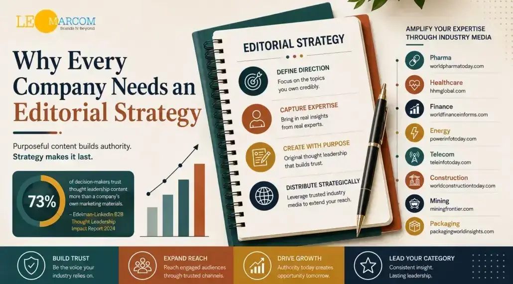 Infographic about why every company needs an editorial strategy, showing a notebook with 'Editorial Strategy' and a chart, plus category icons on the right (pharma, healthcare, finance, energy, etc.).