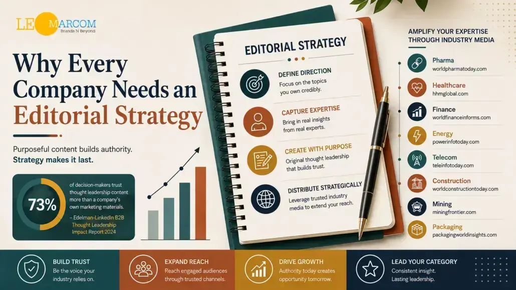 Infographic about why every company needs an editorial strategy, showing a notebook with 'Editorial Strategy' and a chart, plus category icons on the right (pharma, healthcare, finance, energy, etc.).