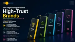 Infographic about high-trust brands: five colorful phones labeled 01 Signal, 02 Familiarity, 03 Confidence, 04 Decision, 05 Loyalty, arranged in a rising sequence.