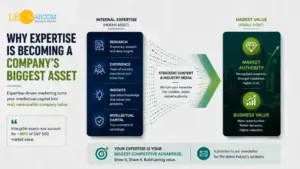 Infographic showing how expertise becomes a company's biggest asset, from internal expertise to strategic content and market value.