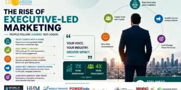 Infographic about 'The Rise of Executive-Led Marketing' with a businessperson facing a city skyline and circular icon flow on the right side (trust, conversations, amplification, leadership).