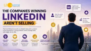 Businessman in a suit stands on a balcony, viewing a city skyline with a LinkedIn strategy infographic graphic.