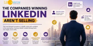 Businessman in a suit stands on a balcony, viewing a city skyline with a LinkedIn strategy infographic graphic.